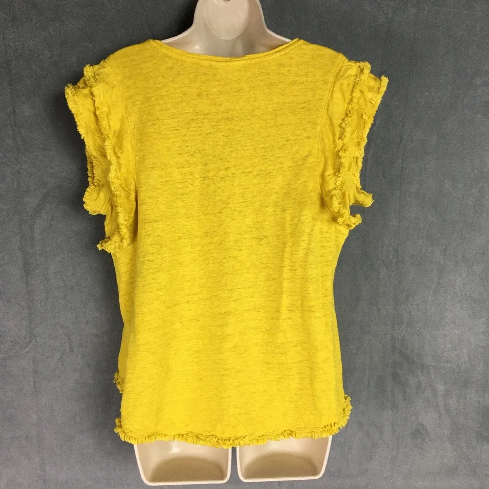Chicos 100% Linen Yellow Top‎ XL Size 3 Fringe Trim  Boho Bright Summer Vacation